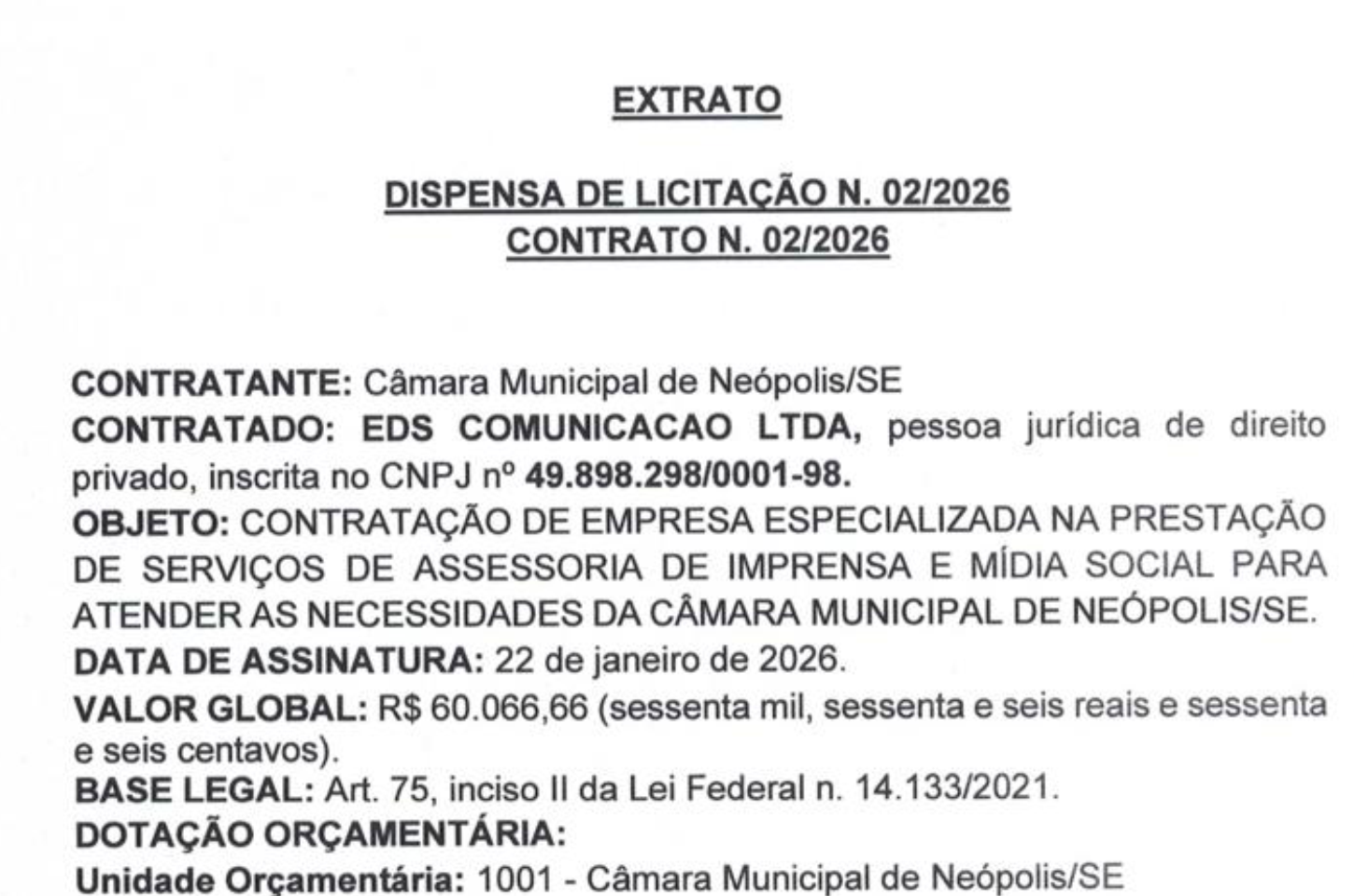 Câmara de Neópolis contrata social mídia social por R$ 60 mil sem licitação