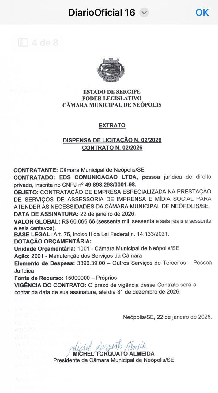 Câmara de Neópolis contrata empresa de mídia social por R$ 60 mil sem licitação