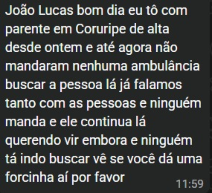 Paciente de Penedo recebe alta e passa mais de 24 horas esperando ambulância em Coruripe