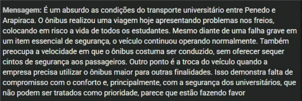 Estudantes denunciam problemas em ônibus universitário entre Penedo e Arapiraca e relatam risco à segurança