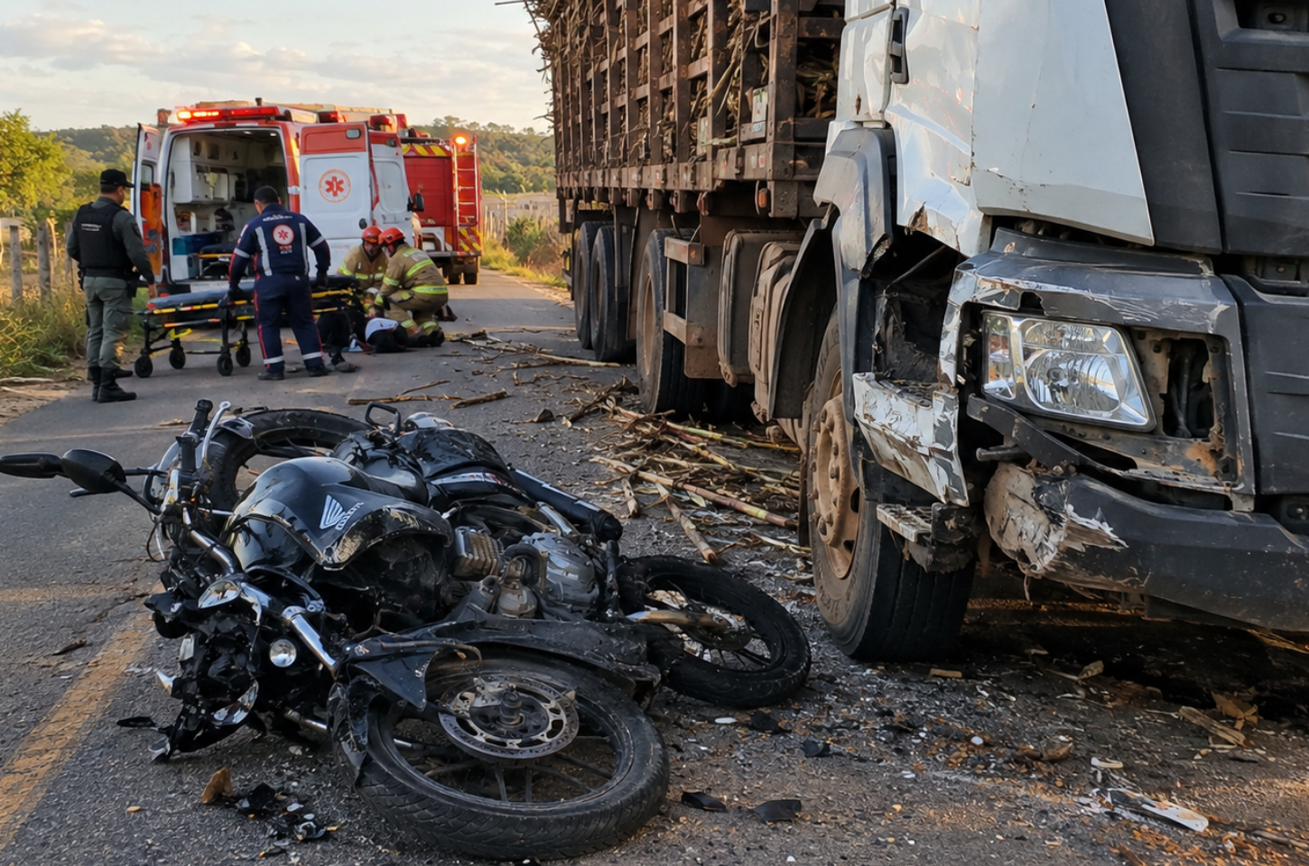 Acidente entre carreta e motocicleta deixa duas pessoas feridas na AL-110, em Igreja Nova