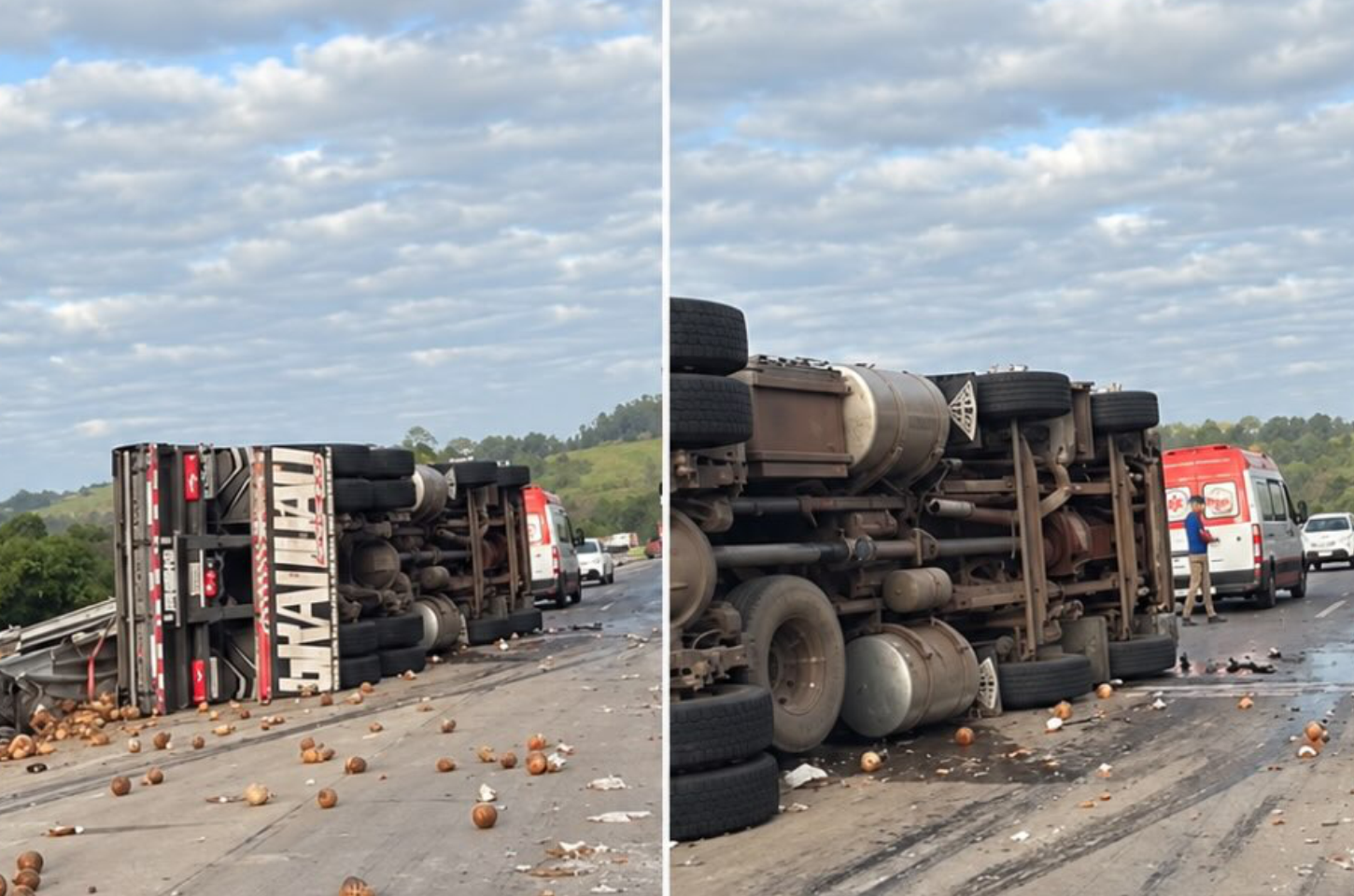 Motorista morre após caminhão carregado de cocos tombar na BR-101, em Pilar