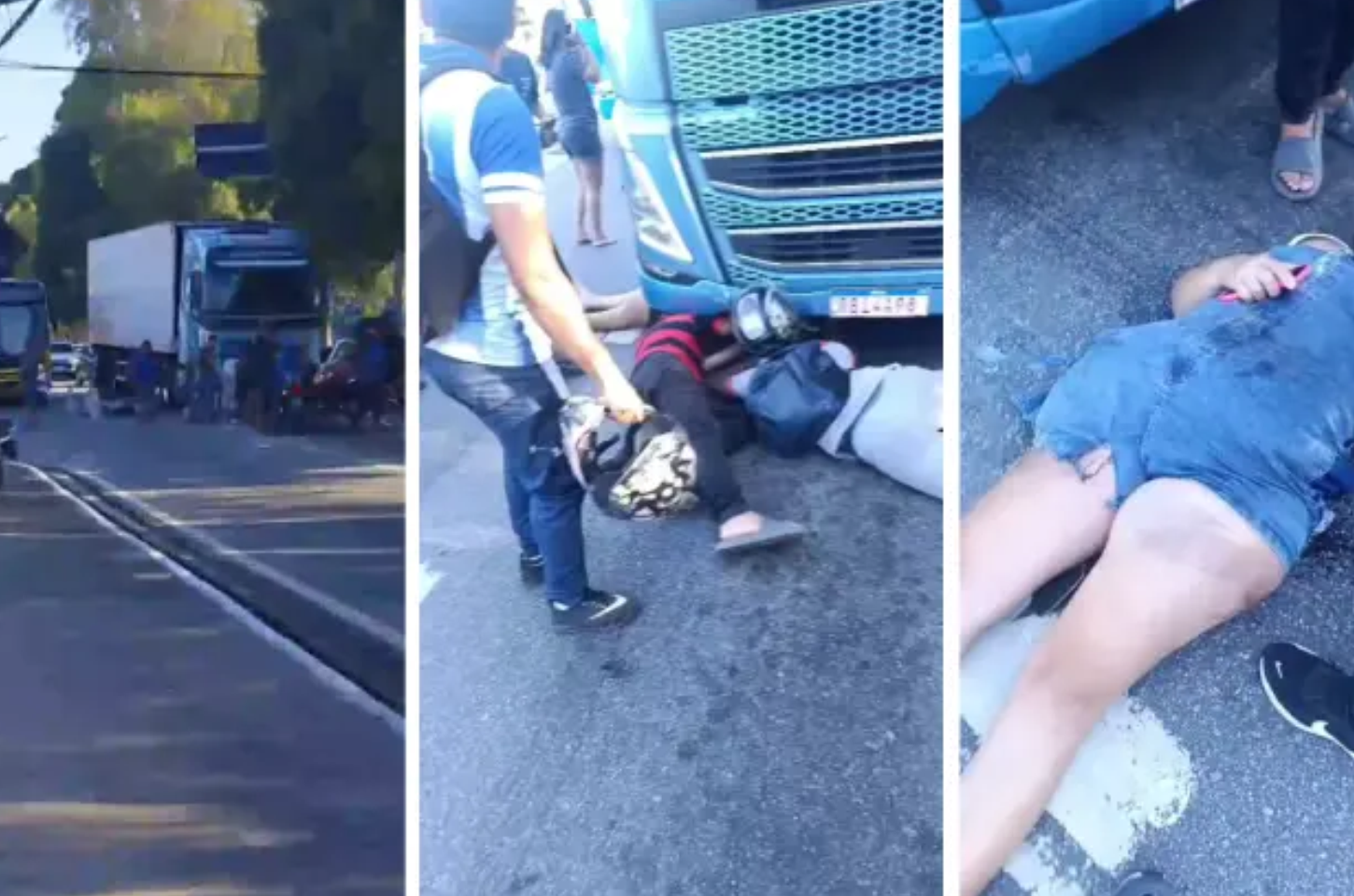 Garupa de moto vai parar debaixo de carreta após colisão na Avenida Fernandes Lima, em Maceió